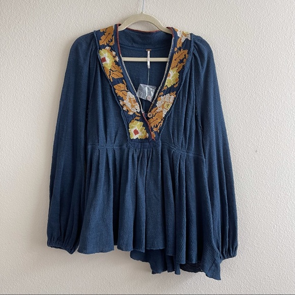 Free People Sweaters - Free People Navy Embroidered Peasant Knit Sweater